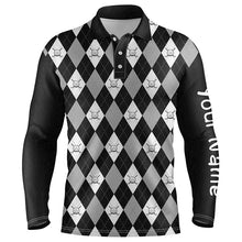 Load image into Gallery viewer, Black argyle plaid pattern Mens golf polo shirts custom golf attire for men, men's golf apparel NQS7422