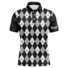 Load image into Gallery viewer, Black argyle plaid pattern Mens golf polo shirts custom golf attire for men, men's golf apparel NQS7422