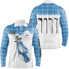 Load image into Gallery viewer, Golf bag clubs custom polo golf shirt for men, blue argyle pattern mens golf tops NQS4652