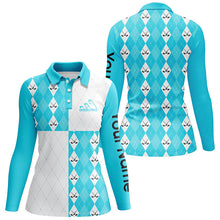 Load image into Gallery viewer, Golf addicted Womens golf polo shirts custom Cyan blue and white golf ball clubs argyle plaid pattern NQS7447