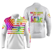 Load image into Gallery viewer, Watercolor American flag mens golf polo shirts custom name we're here for the foursome golf gifts NQS5465