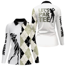 Load image into Gallery viewer, Black and white golf shirt argyle pattern golf clubs custom name Womens golf polo shirts Let's par tee NQS8079