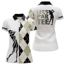 Load image into Gallery viewer, Black and white golf shirt argyle pattern golf clubs custom name Womens golf polo shirts Let's par tee NQS8079