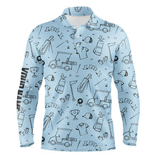 Load image into Gallery viewer, Golf Equipment Pattern Mens Polo Golf Shirts, Custom Name Sky Blue Best Golf Shirts For Men LDT0049