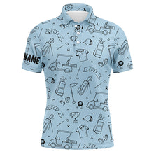 Load image into Gallery viewer, Golf Equipment Pattern Mens Polo Golf Shirts, Custom Name Sky Blue Best Golf Shirts For Men LDT0049