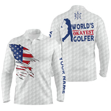 Load image into Gallery viewer, Mens golf polo shirt world's okayest golfer custom name white American flag golf shirts NQS4036