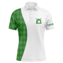 Load image into Gallery viewer, White Mens golf polo shirts custom green argyle plaid pattern golf tops, best mens golf wear NQS7291