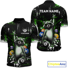 Load image into Gallery viewer, Custom Green Funny Raccoon Billiard Shirt for Men 8 Ball Pool Billiard Jersey Polo &amp; 1/4-Zip BHT5