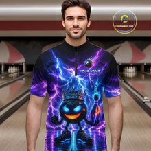Load image into Gallery viewer, Man wearing a colorful bowling shirt with a design on a bowling alley background