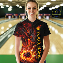 Load image into Gallery viewer, Person wearing a black bowling shirt with a dragon design and 'Your Name' text in a bowling alley.