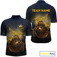 Load image into Gallery viewer, Custom black &amp; gold funny bee bowling quarter-zip shirt, front and back views, bowling league jersey for men