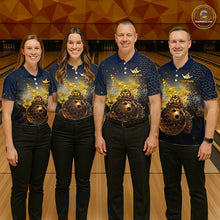 Load image into Gallery viewer, Bowling team wearing custom black &amp; gold funny bee  bowling shirts, group front view mockup, personalized team jerseys.