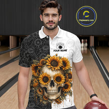 Load image into Gallery viewer, Man wearing a white polo shirt with a sunflower skull design in a bowling alley.