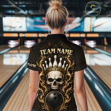Load image into Gallery viewer, Woman wearing custom black and gold skull crown bowling 1/4 zip shirt, back view mockup, personalized bowling league jersey.