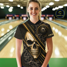 Load image into Gallery viewer, Woman wearing custom black and gold skull crown bowling 1/4 zip shirt, front view mockup, personalized bowling league jersey.
