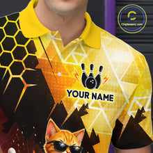 Load image into Gallery viewer, Bowling shirt with geometric design, cat wearing sunglasses, and customizable text on a dark background.