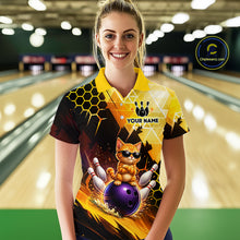 Load image into Gallery viewer, Woman wearing a custom bowling shirt with a cat design in a bowling alley.