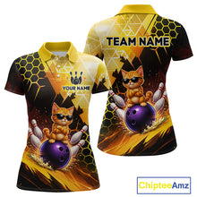 Load image into Gallery viewer, Two polo shirts with a cat bowling design and customizable text on a white background.