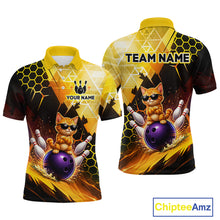 Load image into Gallery viewer, Polo shirt with a cat bowling design and customizable text on a white background