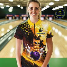Load image into Gallery viewer, Woman wearing a custom bowling shirt with a cat design in a bowling alley.