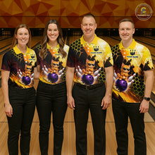 Load image into Gallery viewer, Four people wearing matching bowling shirts with a cat design on a bowling alley.