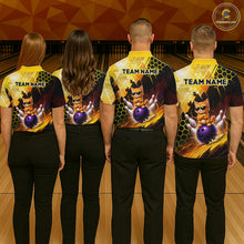 Load image into Gallery viewer, Four people wearing bowling shirts with a team name design on a bowling alley.
