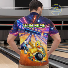 Load image into Gallery viewer, Person wearing a colorful bowling shirt with a duck character and 'Team Name' text in a bowling alley.