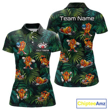Load image into Gallery viewer, Polo shirt with cartoon character design on a tropical leaf pattern, customizable with team name and personalization.