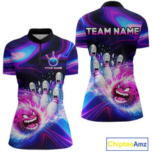 Load image into Gallery viewer, Custom Purple Blue Crazy Bowling Shirt for Women Polo &amp; 1/4-Zip Bowling League Outfit QZT831