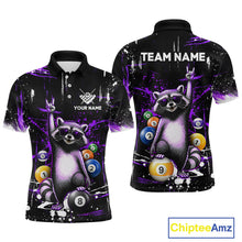 Load image into Gallery viewer, Black and purple  polo shirt with raccoon design and pool balls, customizable text on a white background.