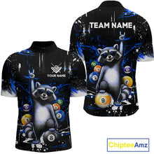 Load image into Gallery viewer, Black polo shirt with raccoon design and customizable text on a white background