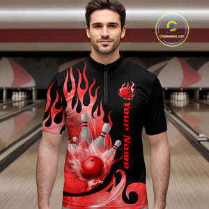 Red Flame Bowling Team Shirt for Men Bowling League Jersey Polo & 1/4 Zip Bowling Outfit QZT782