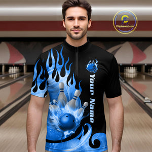 Blue Flame Bowling Team Shirt for Men Bowling League Jersey Polo & 1/4 Zip Bowling Outfit QZT782