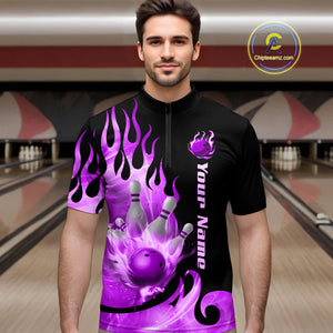 Purple Flame Bowling Team Shirt for Men Bowling League Jersey Polo & 1/4 Zip Bowling Outfit QZT782