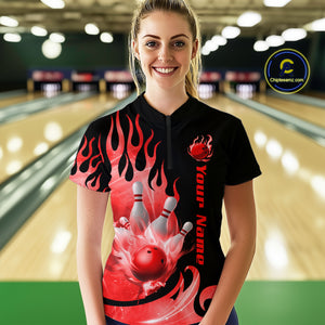 Red Flame Bowling Team Shirt for Women Bowling League Jersey Polo & 1/4 Zip Bowling Outfit QZT782