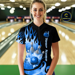 Blue Flame Bowling Team Shirt for Women Bowling League Jersey Polo & 1/4 Zip Bowling Outfit QZT782