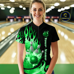 Green Flame Bowling Team Shirt for Women Bowling League Jersey Polo & 1/4 Zip Bowling Outfit QZT782