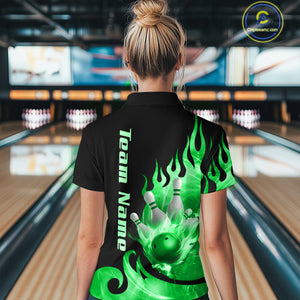 Green Flame Bowling Team Shirt for Women Bowling League Jersey Polo & 1/4 Zip Bowling Outfit QZT782