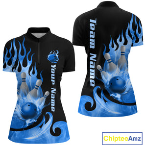 Blue Flame Bowling Team Shirt for Women Bowling League Jersey Polo & 1/4 Zip Bowling Outfit QZT782