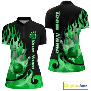 Green Flame Bowling Team Shirt for Women Bowling League Jersey Polo & 1/4 Zip Bowling Outfit QZT782