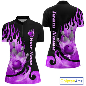 Purple Flame Bowling Team Shirt for Women Bowling League Jersey Polo & 1/4 Zip Bowling Outfit QZT782