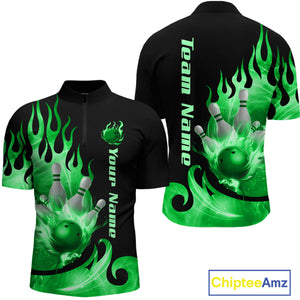 Green Flame Bowling Team Shirt for Men Bowling League Jersey Polo & 1/4 Zip Bowling Outfit QZT782