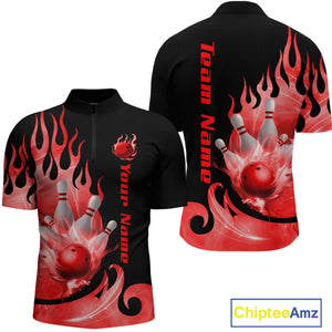 Red Flame Bowling Team Shirt for Men Bowling League Jersey Polo & 1/4 Zip Bowling Outfit QZT782