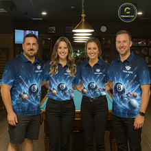 Load image into Gallery viewer, Front view of matching custom ice 8 ball billiard polo shirts worn by a team