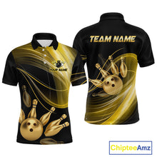 Load image into Gallery viewer, Black and gold bowling-themed polo shirt with customizable text on a white background