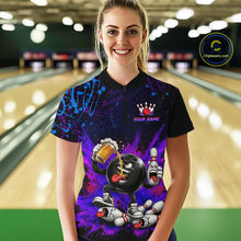 Load image into Gallery viewer, Person wearing a colorful bowling shirt with a personalized design in a bowling alley.