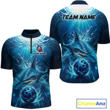 Load image into Gallery viewer, Blue sports jersey with shark design and customizable text on a white background