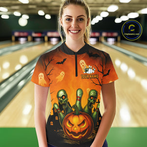 Custom Horror Orange Bowling Team Shirt for Women Funny Pumkin Bowling Jersey Scary Halloween Bowling Outfit QZT774