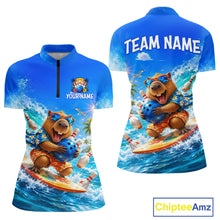 Load image into Gallery viewer, Blue sports jersey with a bear character on a surfboard, customizable text areas, and Chiptee Amz branding.