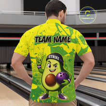 Load image into Gallery viewer, Person wearing a bright yellow and green bowling shirt with an avocado character design in a bowling alley.